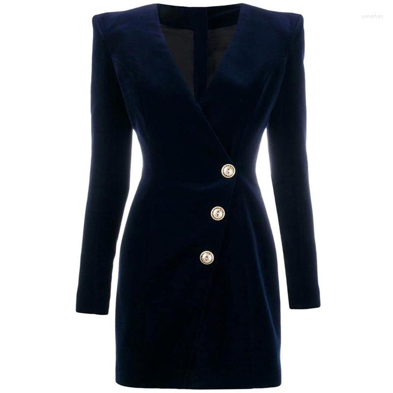 

Casual Dresses High Quality Fashion Solid Color Velvet V-Neck Long Sleeve 3 Metal Buttons Back Zipper Slim Dress Dark Blue And Black