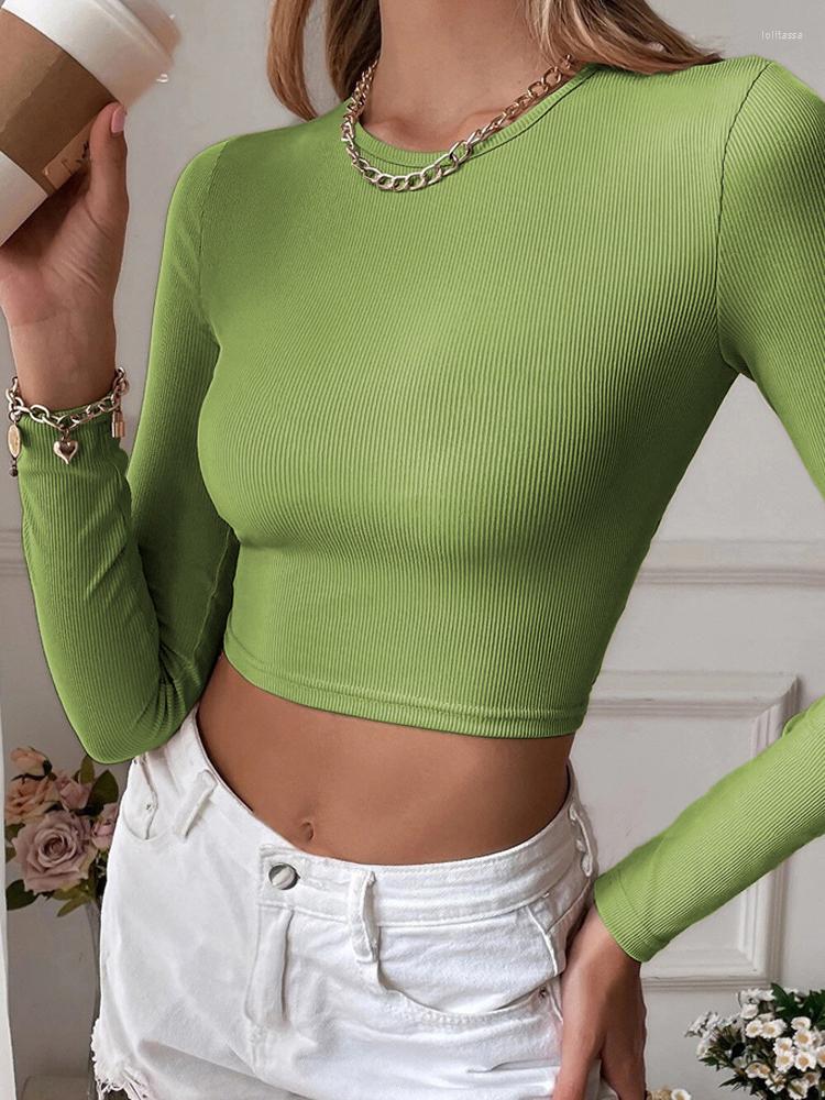 

Women' T Shirts Sexy Backless T-shirts Women Long Sleeve Top Female Ribbed Knitted O Neck Cropped Ladies Casual Solid Basic Tees Summer, Black