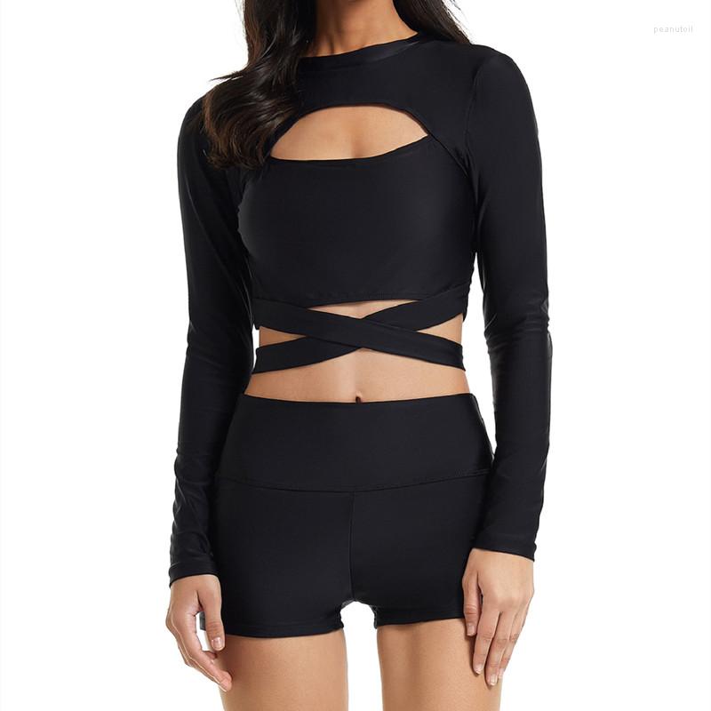 

Women's Swimwear WackDaria Rash Guard Women Two Pieces Long Sleeve Swimsuit Zipper With Pad UV Protection Beach Wear Burkini Brazilian, Black-3