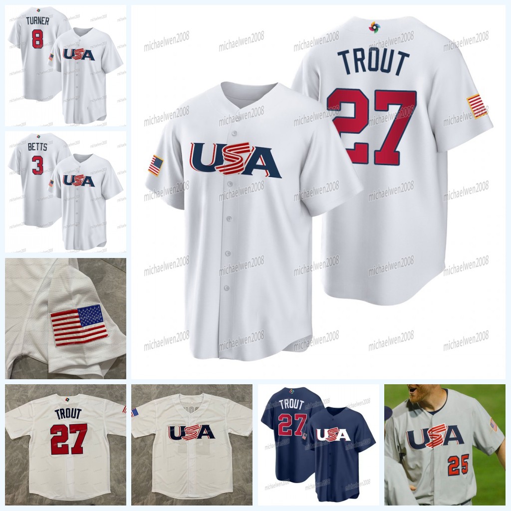 

Team USA 2023 WBC Jersey World Baseball Classic Mike Trout Trea Turner Mookie Betts Nestor Cortes Jeff McNeil Cedric Mullins Pete Alonso Kyle Schwarber J.T. Realmuto, Grey