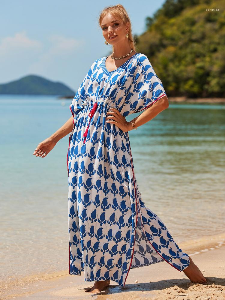 

Women's Swimwear Bikini Cover Up Rayon Plus Size Beach Dresses For Women 2023 Blue Kaftan Tunic Seaside Bathing Suits Pareos De Playa Mujer, Blue beach cover up