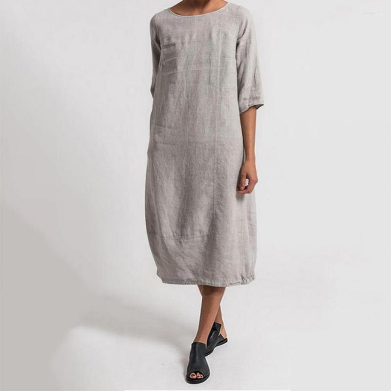 

Casual Dresses Summer Plus Size 4xl Vintage Women Solid Color O Neck Half Sleeve Linen Soft Loose Midi Dress Length Vestidos, Red