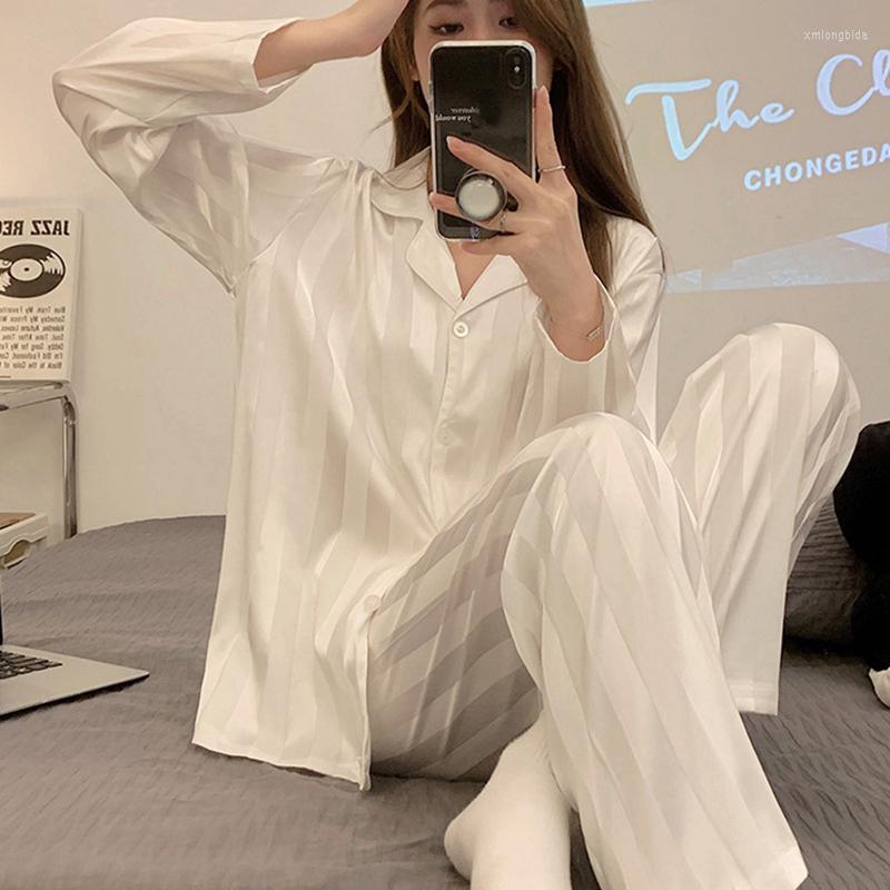 

Women's Sleepwear Women Stripe Pyjamas Set French Solid Color Silk Satin Pajamas Two Piece Home Wear Nightwear Comfortable, Style 2--color 12