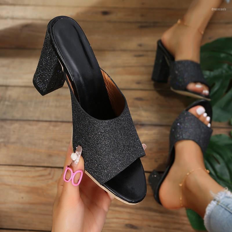 

Sandals Fish Mouth High Heels Open Toe Slippers Women Square Heel Woman Personality Outside Ladies Shoes, Black