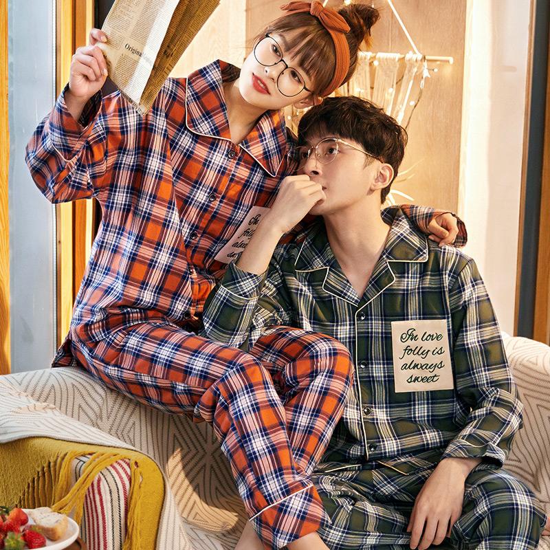 

Men's Sleepwear Lovers Pajamas Woman Cotton Full Sleeve Cardigan Men Grid Leisurewear Suit, Female