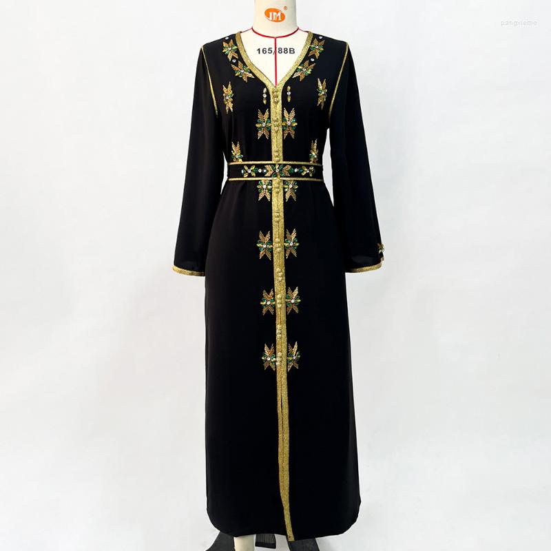 

Ethnic Clothing Muslim Fashion Robe Hand Sewn Belt With Phnom Penh V-Neck Gold Tube Rhinestone Dress Abaya Dubai Arabic Caftan 2023