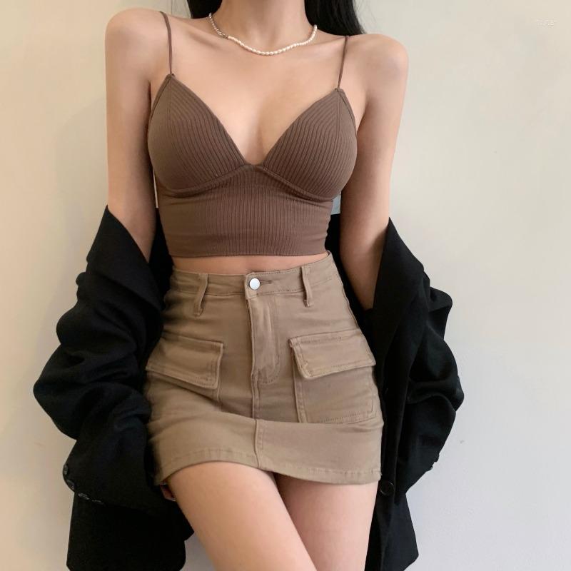 

Women's Tanks Women Summer Knitted Vest Ladies Tank Top Spaghetti Strap Corset Crop Tops Camisole With Built In Bras V-Neck Camis Bralette, Black