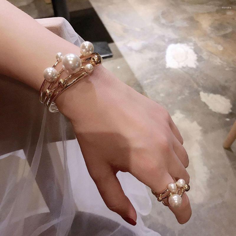 

Bangle Jewelry Gift Fashion Hollow Out Large Pearl Ring Geometry Bracelet Irregular Double Layer