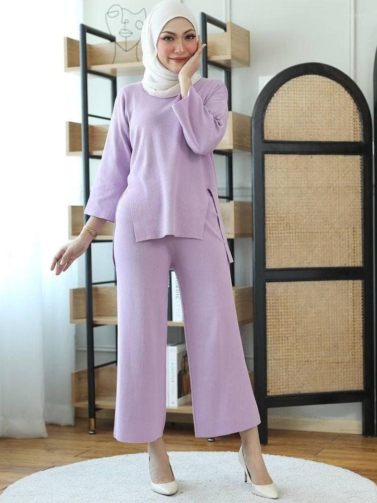 

Ethnic Clothing Abaya Muslim 2 Piece Sets Women Clothes Long Tops Wide Leg Pants Suit 2023 Solid Knitted Loose Casual Islam Outfits