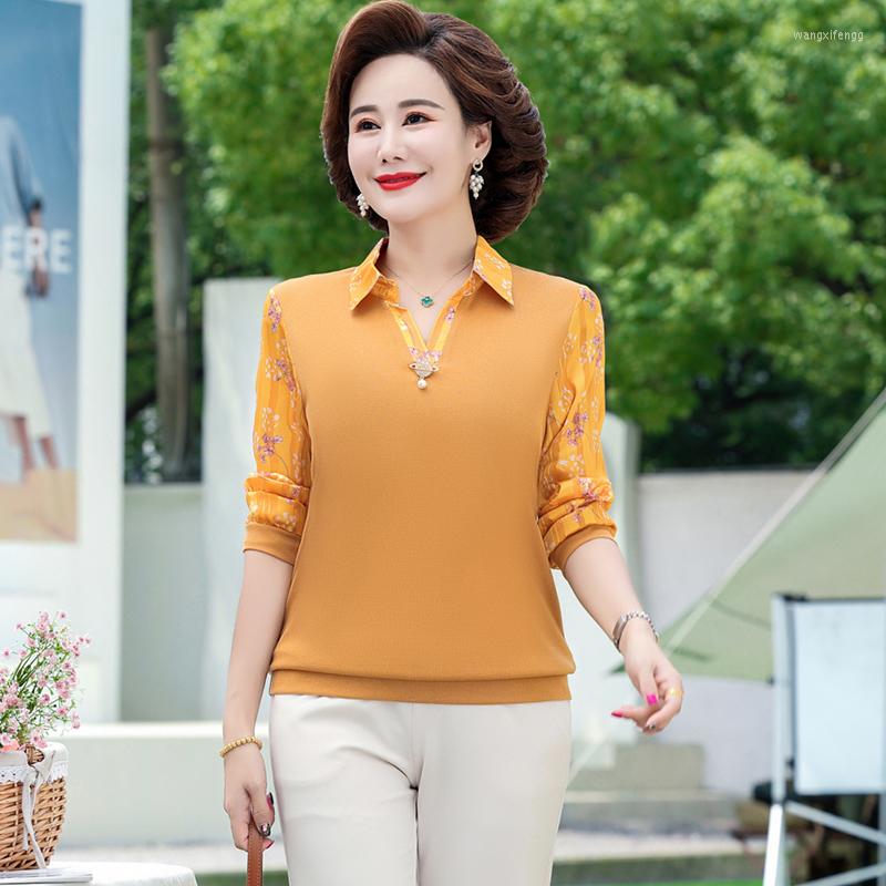 

Women's T Shirts 2023 Spring Women T-Shirt Pullover Top Turndown Collar Long Sleeve Middle-Aged Mother Fashion Casual Bottoming Shirt X123, Blue
