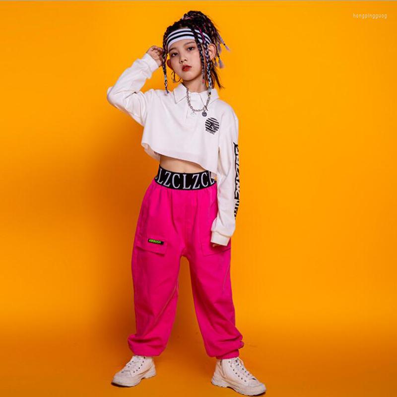 

Stage Wear Kids Ballroom Hip Hop Dancing Outfits White Sweatshirt Crop Tops Jogger Cargo Pants For Girls Dance Costumes Street Clothes, Pink sweatshirt