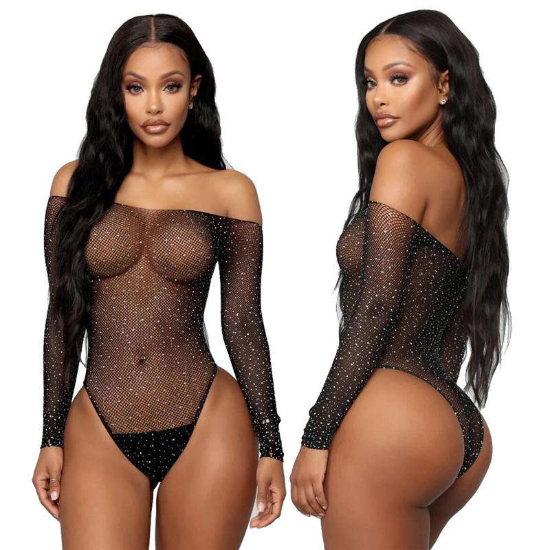 

Women's Two Piece Pants Women Rhinestone Fishnet Sexy Black Bodysuit Leotard Tops Long Sleeve See Through Jumpsuit Playsuits Club Wear Body