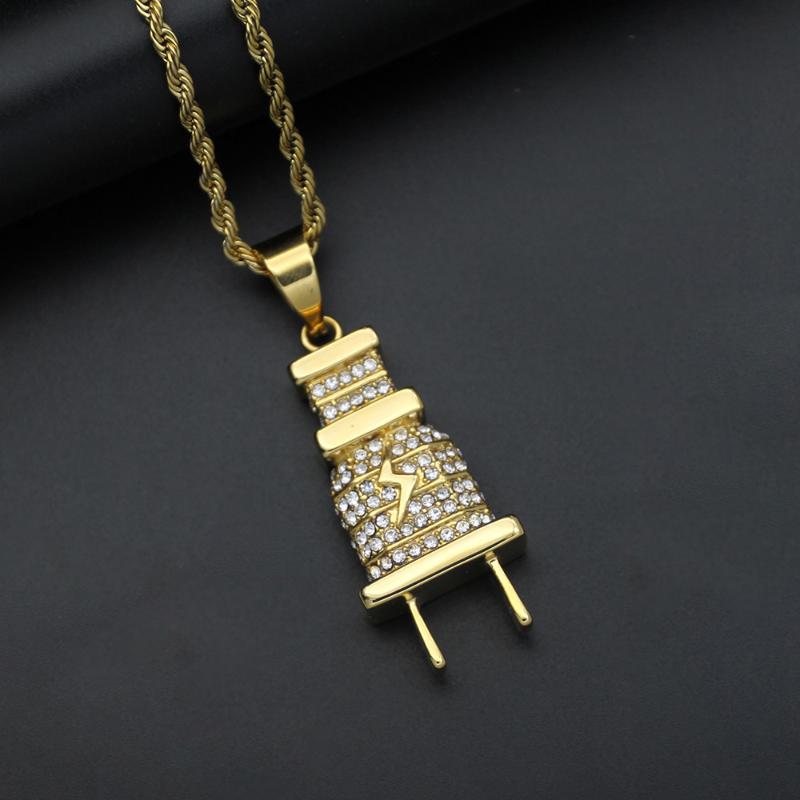 

Pendant Necklaces Hip Hop Iced Out Bling Electrical Plug Male Stainless Steel Gold Chain Necklace For Women Men Hiphop Jewelry