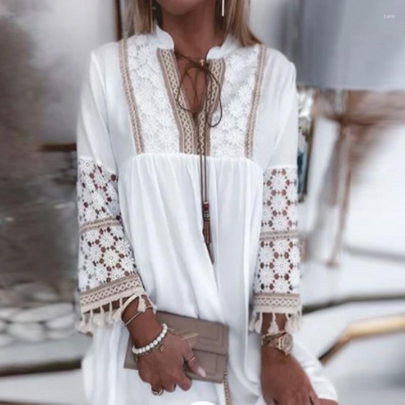 

Casual Dresses Summer Solid Lace Patchwork Pleated Mini Dress Sexy Embroidery V-neck Loose Beach Female 3/4 Sleeve Vestidos, 01 white