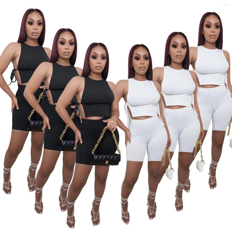 

Women' Shorts Women' Round Neck Sleeveless Personalized Side Tie Casual Two Piece Vest - JG046, Black