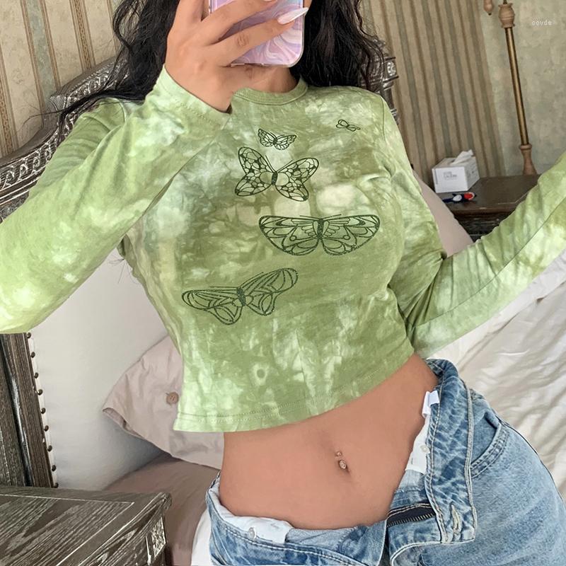 

Women' T Shirts Women Round Neck Crop Tops Tie-dye Butterfly Printing Long Sleeve T-shirts Slim Pullover Print Shirt Exposed Navel, Green