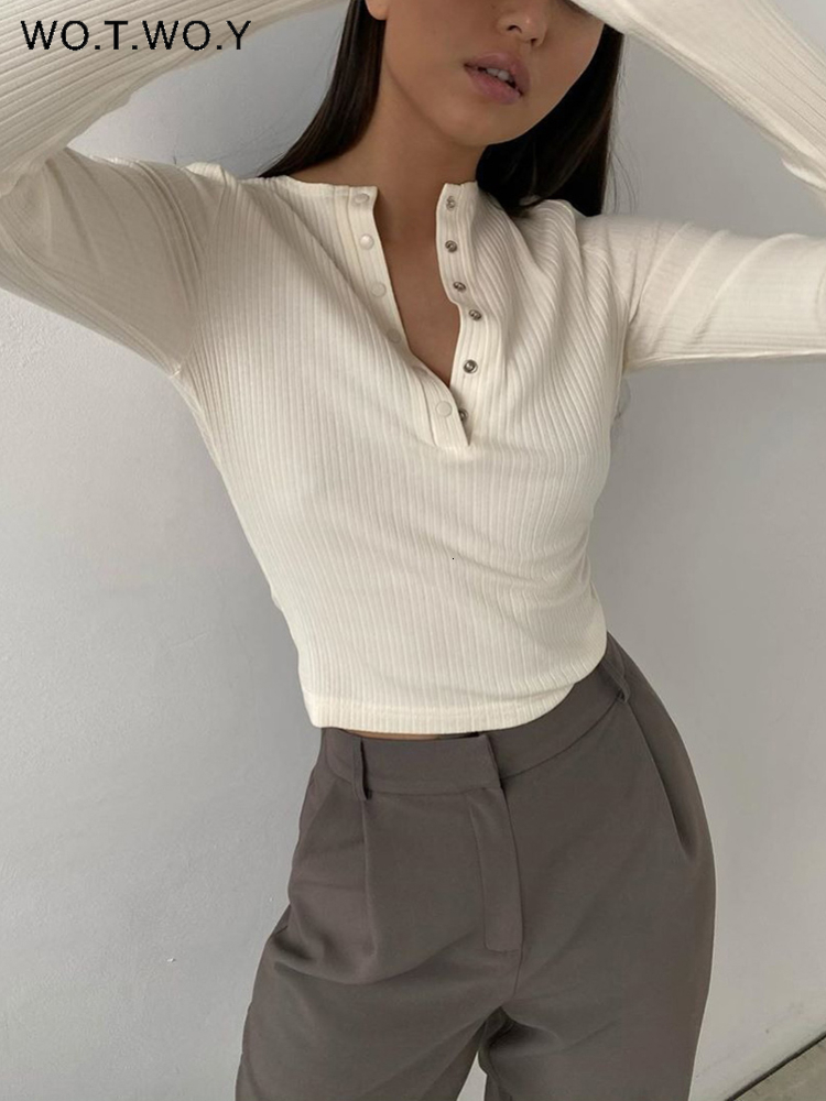 

Women's Sweaters WOTWOY Buttons-Up Ribbed Knitted Sweaters Women Slim Fit Autumn Winter Bottoming Pullovers Shirt Female Casual White Basic Tops 230316, 22069-khaki