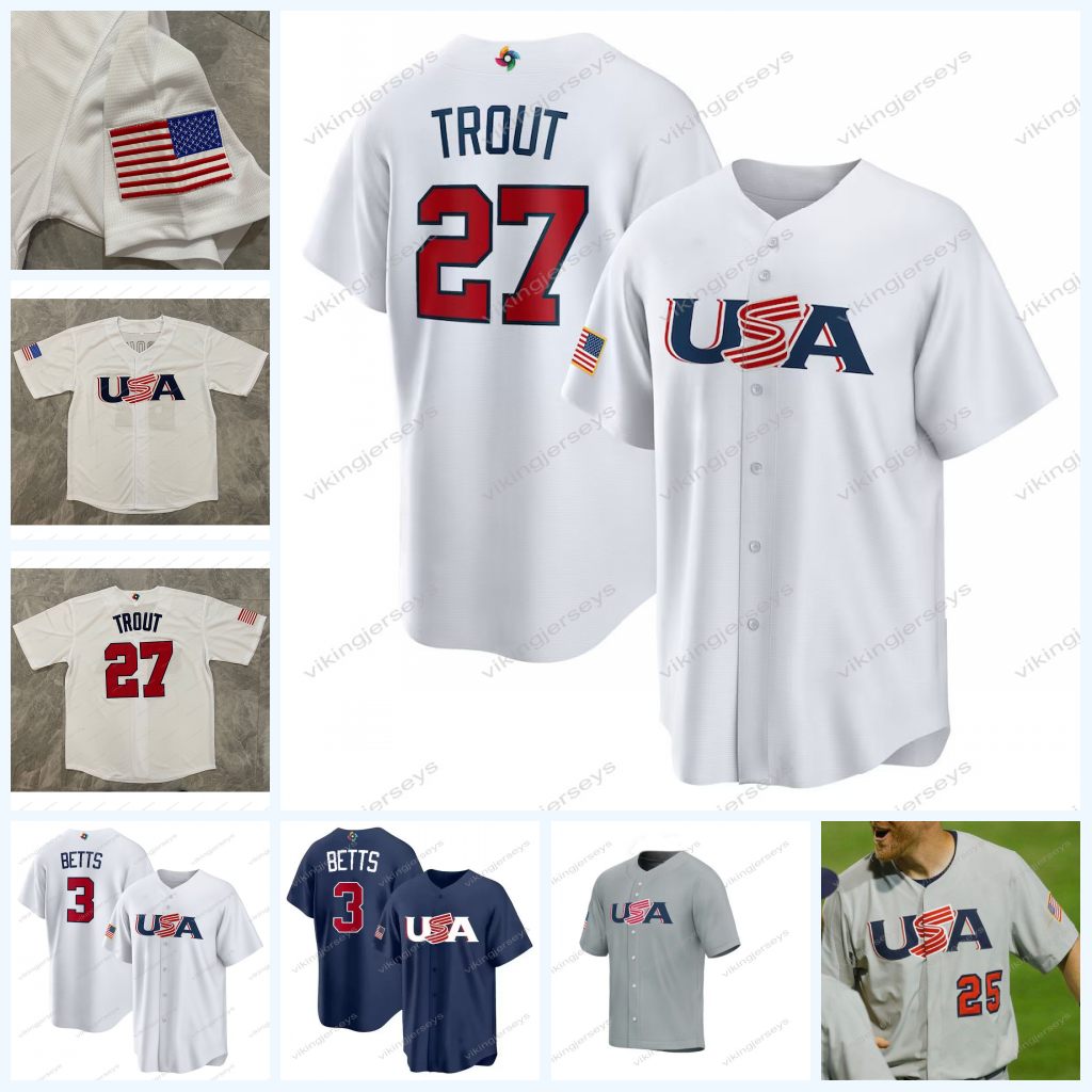 

Team USA 2023 World Baseball Classic Jersey Mike Trout Nolan Arenado Jeff McNeil Mookie Betts Kyle Tucker Kyle Schwarber Cedric Mullins Bobby Witt Jr. Trea Turner Lynn, 2023 navy