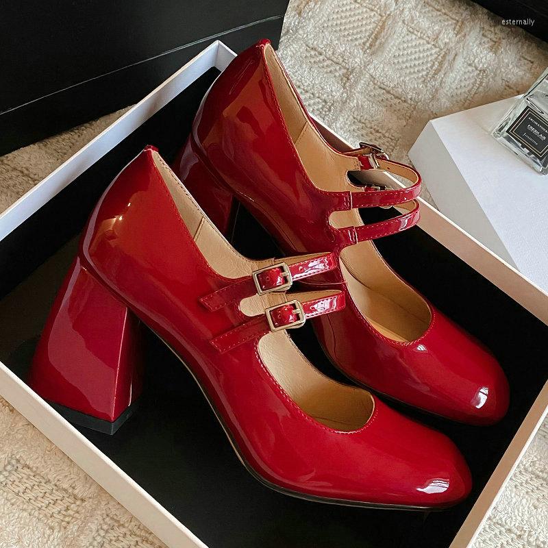 

Dress Shoes Genuine Patent Leather Round Closed Toe Elegant Ladies Double Buckle Strap Chunky High Heels Mary Janes Pumps With Bowtie, White-with bowtie