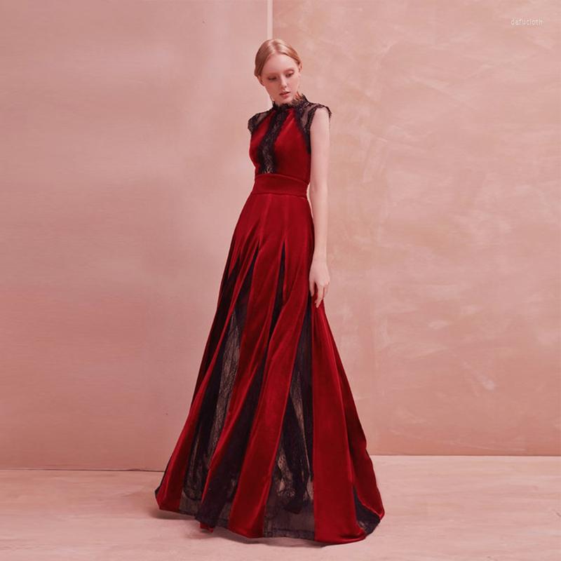 

Casual Dresses -xl High Quality 2023 Brand Fashion Wine Red Velvet Black Lace Stitching Sleeveless Slim Pleated Big Swing Woman Dress, Burgundy