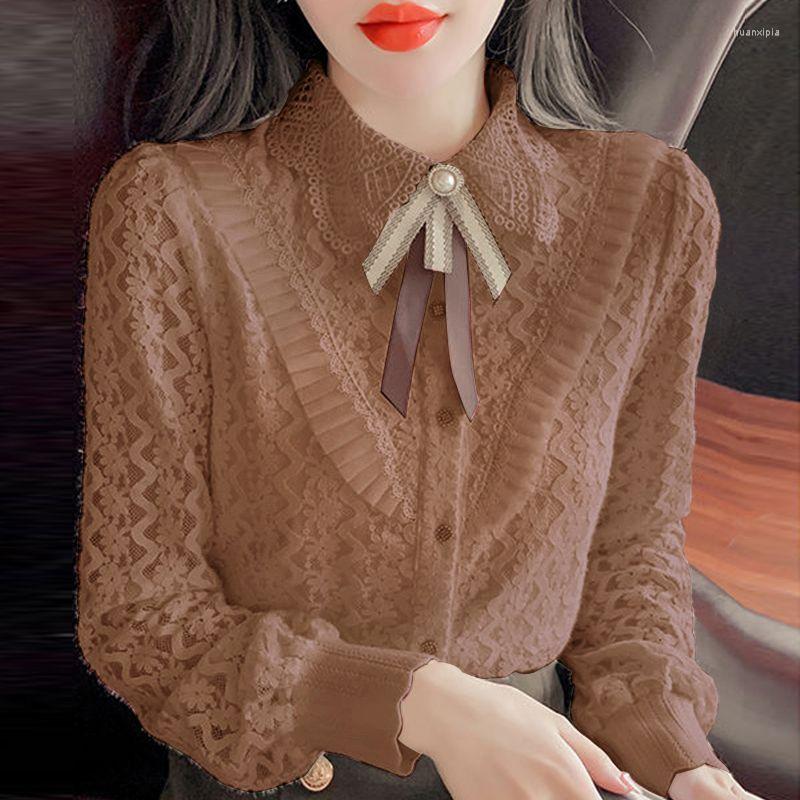 

Women's Blouses 2023 Women's Thick Velvet Warm Lace Shirts Korean Lady Graceful Single Button Bowknot Brooch Buttoming Tops Solid Color, Beige