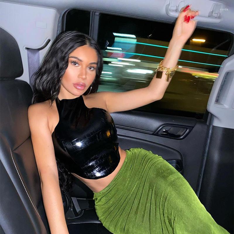 

Women' T Shirts Faux PU Crocodile Skin Halter Camisole Women Bodycon Club Backless Zipper Tank Top Basic Lrregular Street CropTop, Black