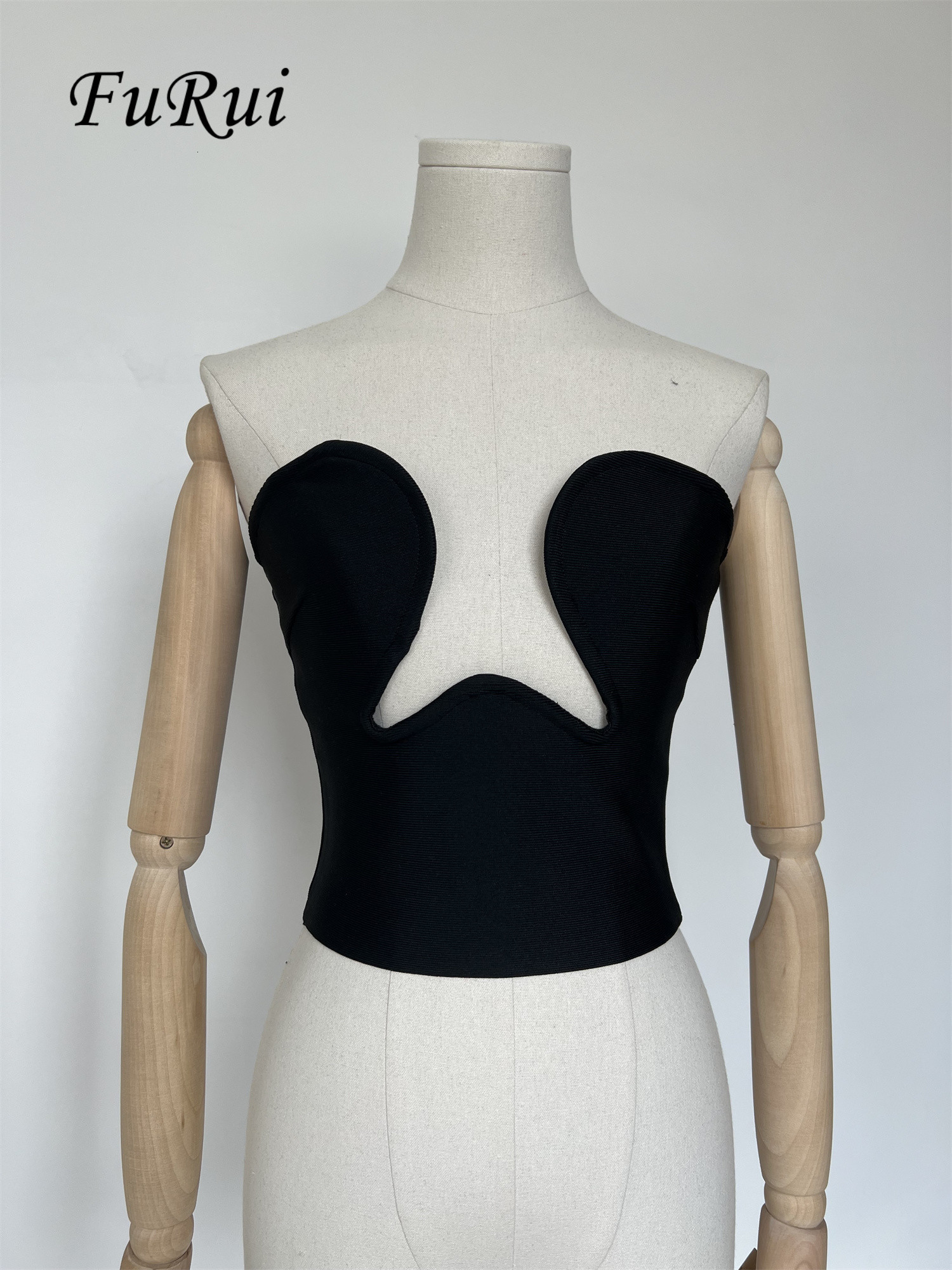 

Women's Tanks Camis FuRui Star Fashion Sexy Black V-Neck Tops Strapless Short Bandage Crop Tops Vest In Stock Within 24 Hours 230316