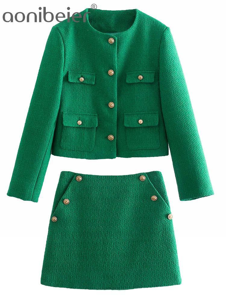 

Two Piece Dress Aonibeier Woman Casual Traf Suits Autumn Ornate Buttons Tweed Woolen Green Cropped Jacket Mini Skirts 2 Piece Set 230316