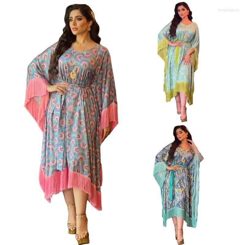 

Casual Dresses Oversized Satin Printed Tassel Bat Sleeve Abaya Loose Robe Fashion Dubai Muslim Womens Party Wedding Maxi Dress Kaftan Gowns, Blue pink