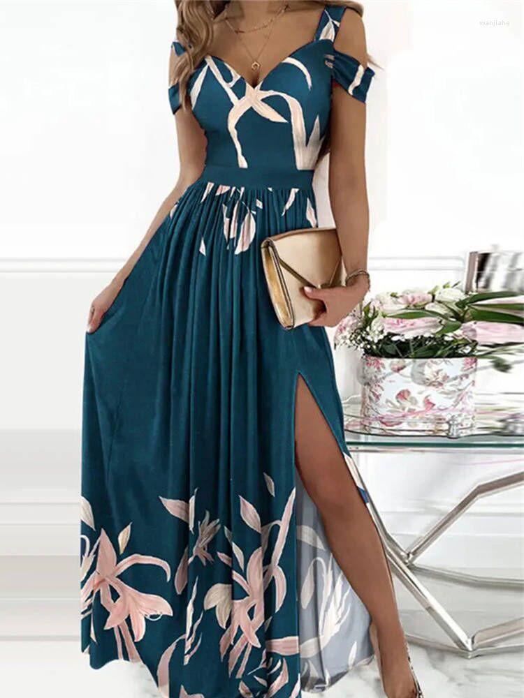 

Casual Dresses Fashion V-Neck Slim Pleated Long Dress Sexy Ladies Off Shoulder Print Wrap Party 2023 Summer Elegant Sleeveless, 07 navy blue