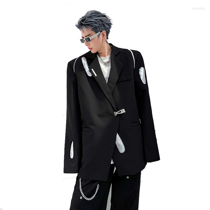 

Men's Suits Men Metal Button Hollow Korean Streetwear Hip Hop Loose Casual Black Blazers Suit Jacket Women Oversize Male Coat, H1760
