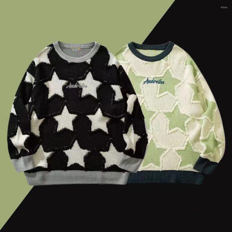 

Men's Sweaters Women Vintage Round Neck Five-pointed Star Sweater Men's Autumn And Winter 2023 Loose Japanese Couple Knitted Y2K, Sky blue