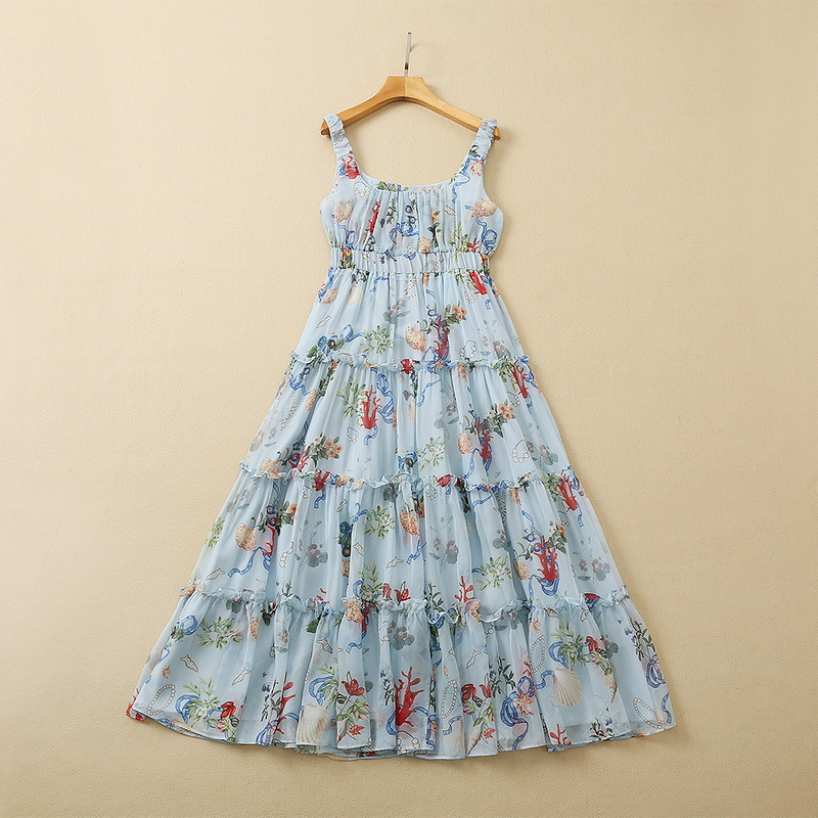

Summer Spaghetti Strap Scoop Neckline Dress Blue Floral Print Chiffon Panelled Mid-Calf Elegant Casual Dresses 22Q192316, Sky blue