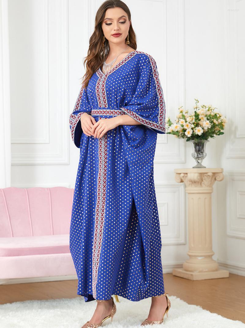 

Ethnic Clothing Dubai Muslim Dress Turkey Batwing Abaya Contrast Color Print Polka Dot Half Sleeve Belted Casual Moroccan Caftan Ramadan
