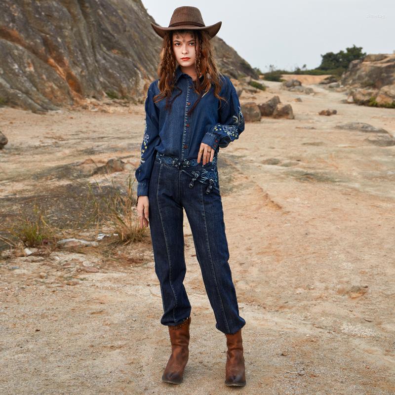 

Women' Jeans AYUALIN Vintage Boho Loose For Women Spring Autumn 2023 Floral Embroidery Straight Casual High Waist Denim Pants, Blue