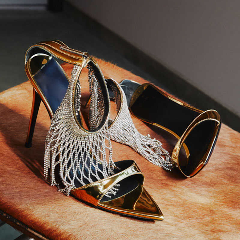

Luxury Bling Gold Fringe Crystal Sandals Pointed Toe Back Zipper Stiletto Heels Women's Sandals New Party Wedding Shoes 0316