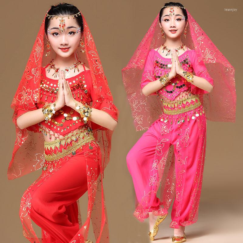 

Stage Wear Kids Bollywood Belly Dance Costumes Set Girl Oriental Short Sleeve Child Performance, Rhodo
