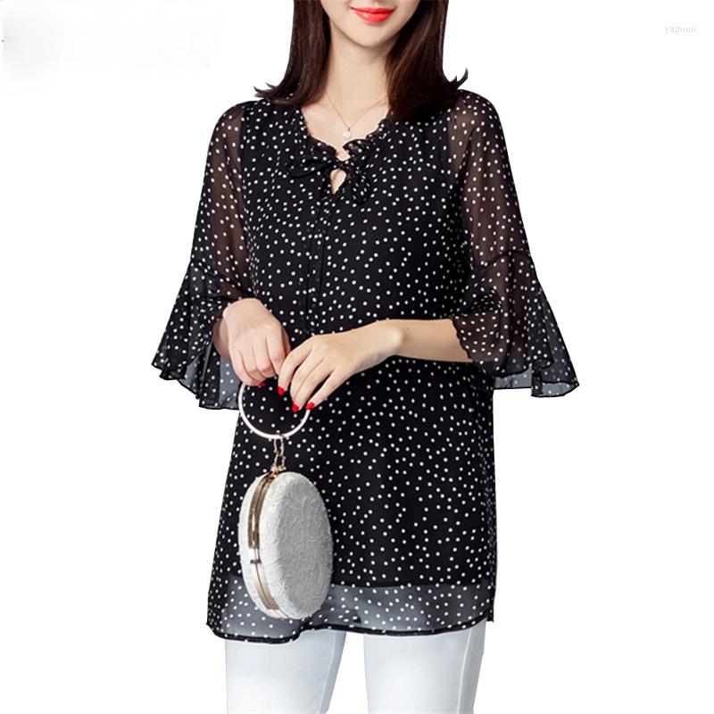 

Women's Blouses Kimono 5XL Chiffon Polka Dot Blouse Women Short Sleeve Clothing Korean Fashion 2023 Front Tie Women's Tunic Shirt Tops, As shown