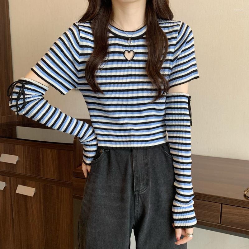 

Women' T Shirts Fashion Striped Crop Tops Women 2023 Autumn Trend Temperamental Separated Sleeves Knitted Female Silm Y2k Clothes, Yellow02