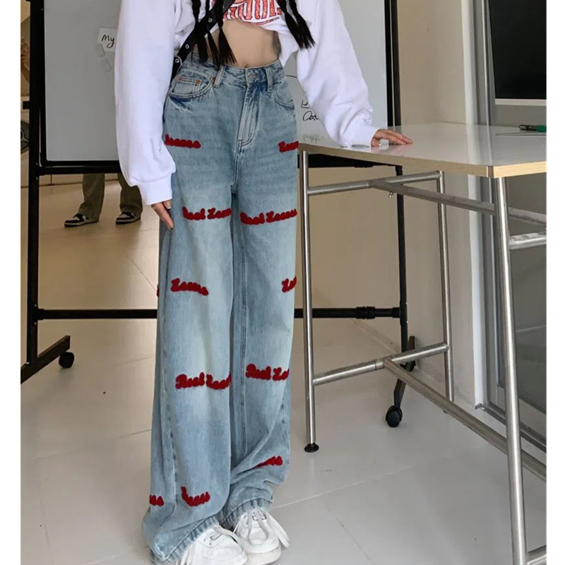 

Womens Jeans Streetwear Letter Embroidery Jeans Woman High Waist Y2k Straight Baggy Pants Korean Fashion Womens Jeans Trend Trousers 230314, Red embroidery