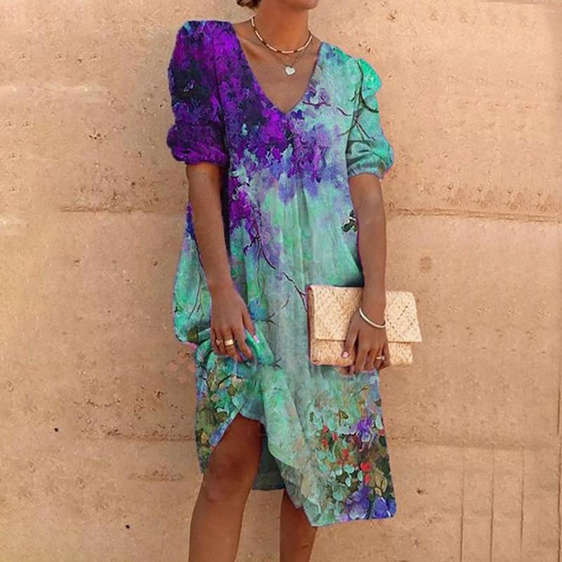 

Casual Dresses Maxi Dress Women Short Sleeve V Neck Flower Print Party Loose Summer, Green