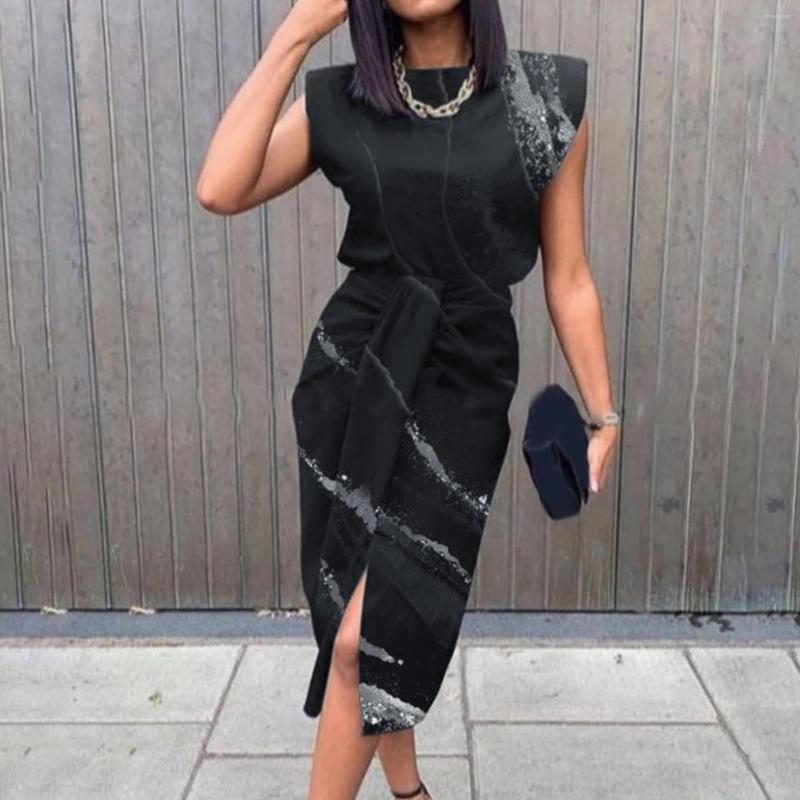 

Casual Dresses Women' Sexy Slit Sequined Printed Sleeveless Pleated Dress Pockets Cotton Maxi Womens Summer, Black