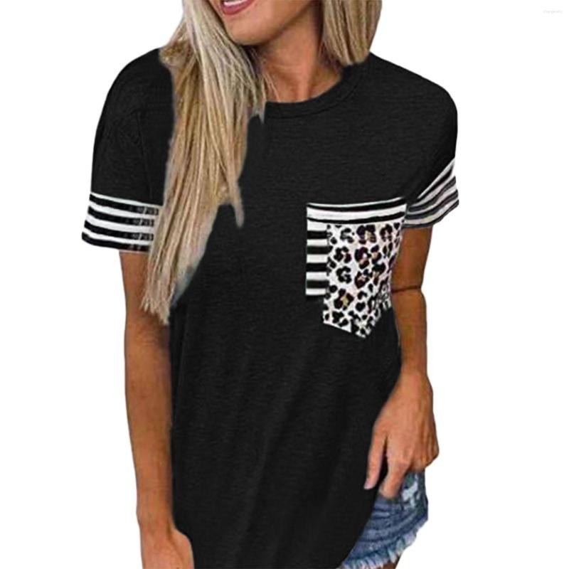 

Women's T Shirts Women Patchwork 2023 Round Neck Short Sleeve Striped Color Block Leopard Pocket Casual Blouse Clothes, Pk