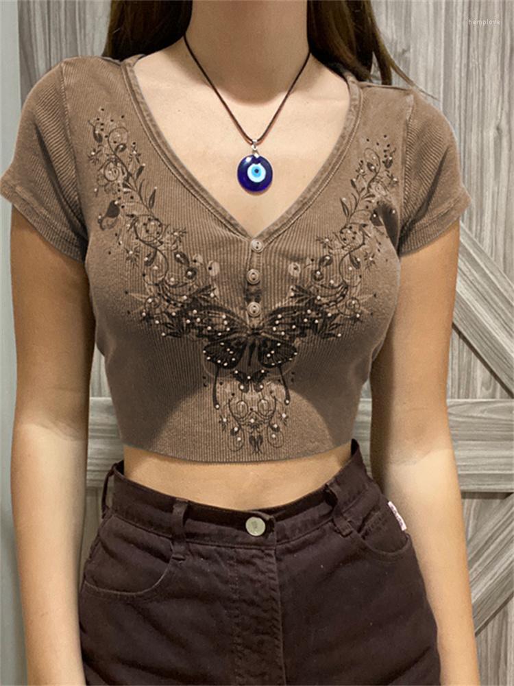 

Women' T Shirts Vintage Y2K V Neck Fairycore Grunge Crop Top Graphic Printed Women T-shirt Harajuku Bodycon Summer Shirt Baby Tees, Brown