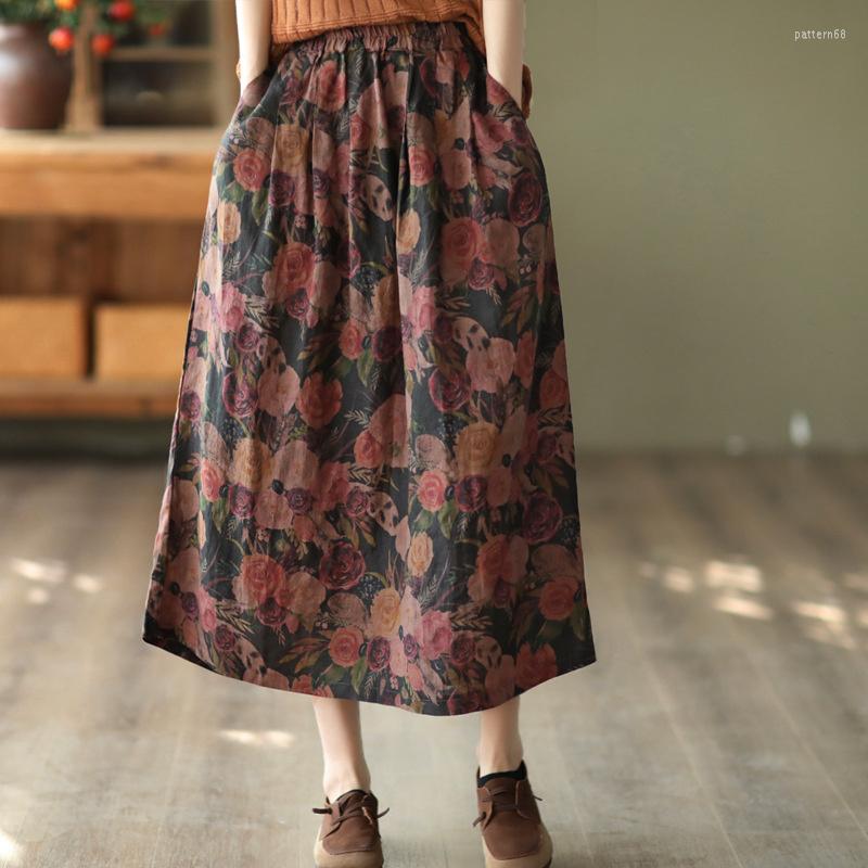 

Skirts NINI WONDERLAND 2023 Spring Summer Print Linen Vintage Skirt Women Elastic Waist Flower A-line Pleated Casual Mori Girls, Pirnt 2