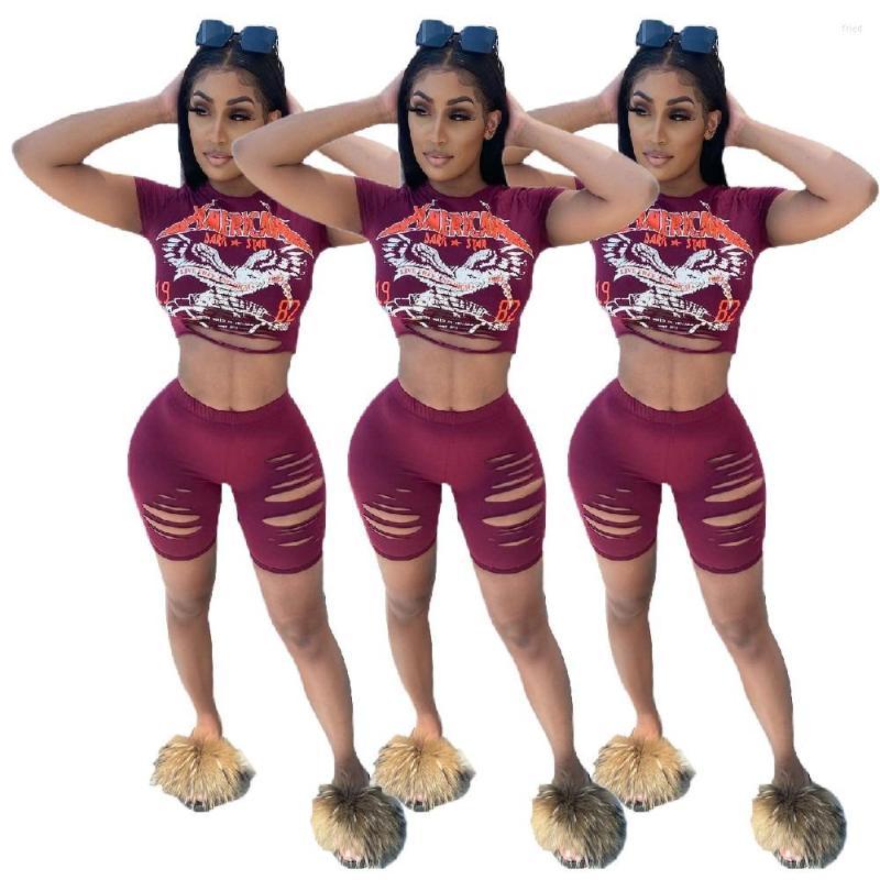 

Women' Shorts Europe And The United States Trend Women' Casual Short Sleeve Pattern Burnt Flower Hole Two-piece Set - M8027, Dark purple