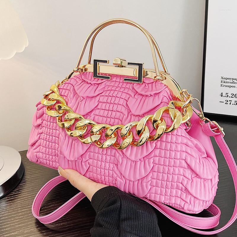 

Shoulder Bags Elegant Women Pink Green Gold Thick Chain Crossbody Totes PU Leather Pleat Handbags Lady Clutch, Black
