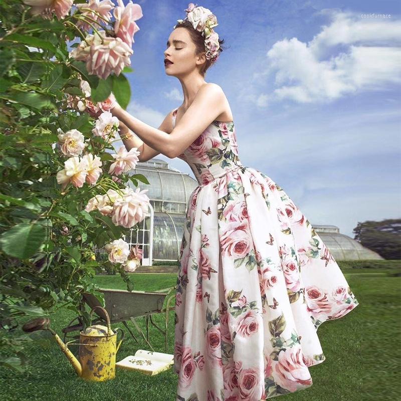 

Casual Dresses -XL 2023 Fashion Rose Flower Print Pleated Slim Fresh Temperament Straps Fluffy Dress Holiday Woman, Multi