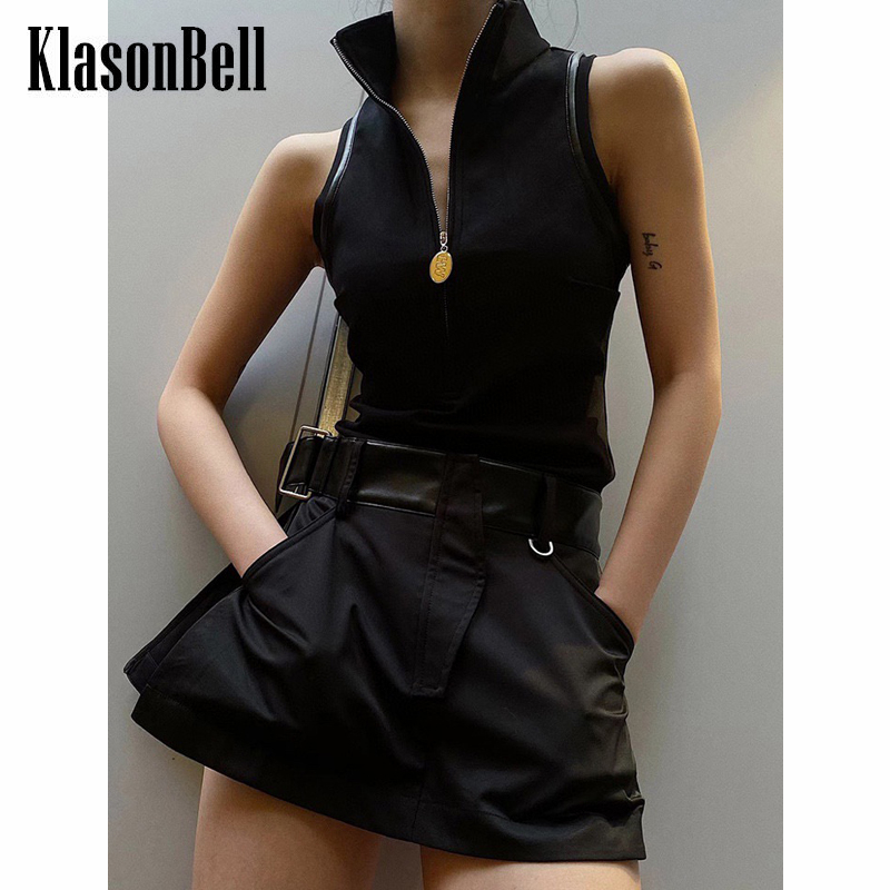 

Women's Tracksuits 7.6 KlasonBell High Street Stand Collar Half Zipper Sleeveless Slim Tank Top Or Belt Decoration Shorts Skirt Set WomenWom, Just tank top