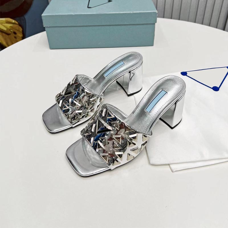 

2023 spring/summer designer sandals sexy black thick bottom half slippers square silver party dress high heels 35-41 with box